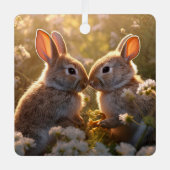 春の草原デザインの愛らしいウサギ メタルオーナメント (正面)