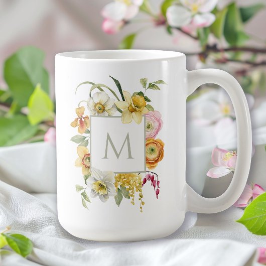 春の華やかな花の水彩モノグラム コーヒーマグカップ