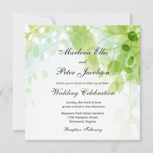 春の葉の水彩結婚式 招待状 (正面)