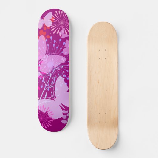春の蝶庭の鮮やかな紫色のピンクのガーリー スケートボード (正面)