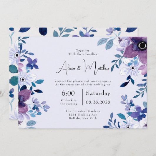 春の装い　ペイントされたパープルとターコイズの芍薬のウェディング 招待状 (正面/裏面)