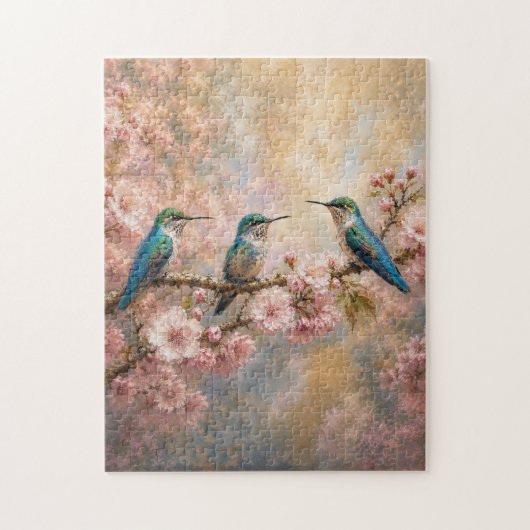 春の調和、桜とハチドリ ジグソーパズル (縦)