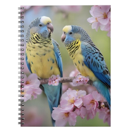 春の調和: 青と黄色のセキセイインコ ノートブック (正面)