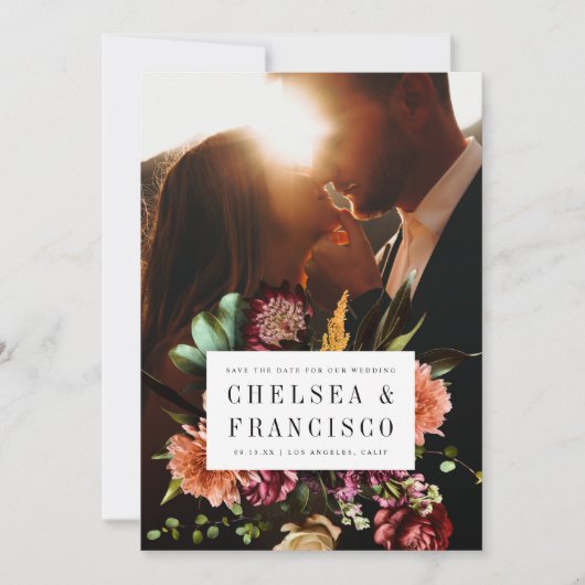 春の豊かさ カラフルな花の写真 ウェディング セーブザデート (正面)