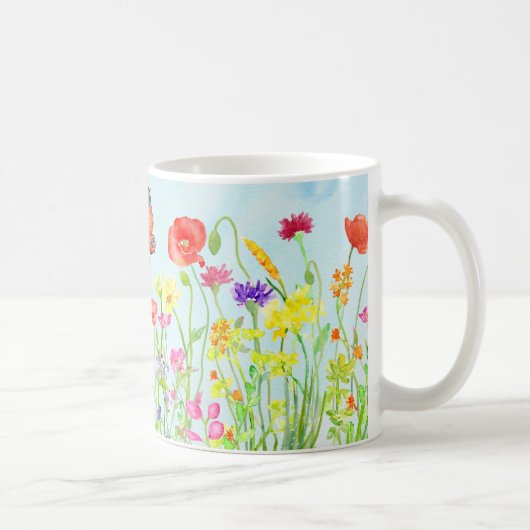 春の野生の花および蝶水彩画のマグ コーヒーマグカップ (右)