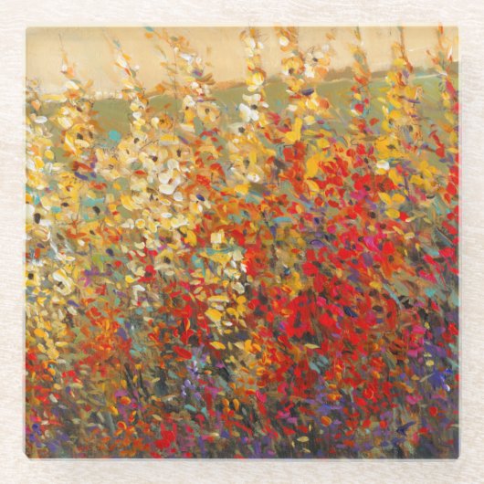 春の野生の花の明るい庭の壁画 ガラスコースター (正面)