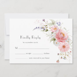 春の野生の花 ピンク 白 ウェディング RSVP カード