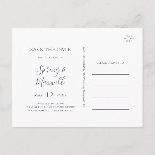 春の野生の花 | 白の Save The Date ポストカード (裏面)