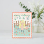 春の金髪の少女 ピンクの花園での誕生日 ポストカード (スタンド正面)