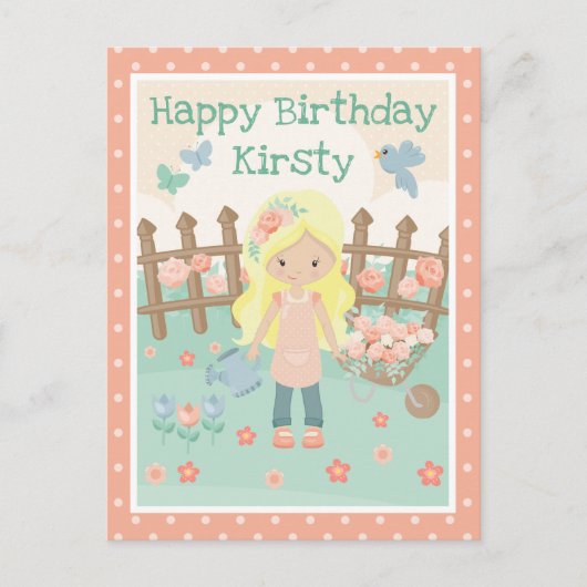春の金髪の少女 ピンクの花園での誕生日 ポストカード (正面)