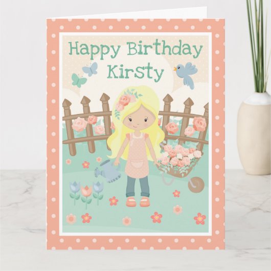 春の金髪の少女 桃の花園での誕生日 カード (正面)