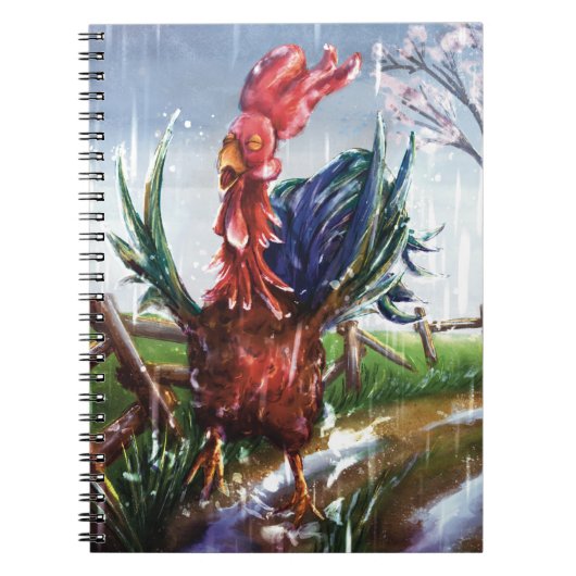 春の雨に打たれる雄鶏のイラスト入りスパイラルノート ノートブック (正面)