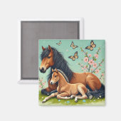 春の風景で休息する馬と子馬 マグネット (正面/裏面)