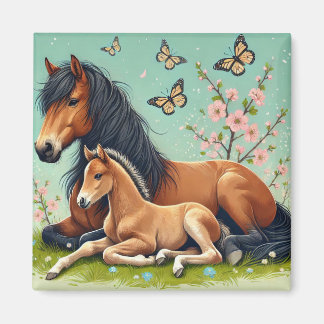 春の風景で休息する馬と子馬 マグネット
