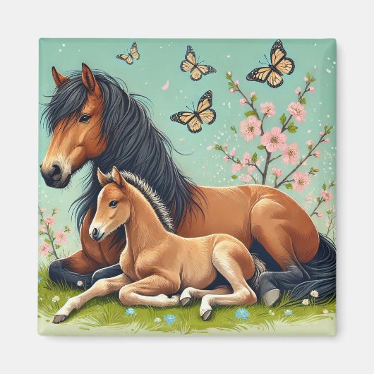 春の風景で休息する馬と子馬 マグネット (正面)