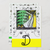 春の魔法、明るい黄色と黒と緑 招待状 (正面/裏面)