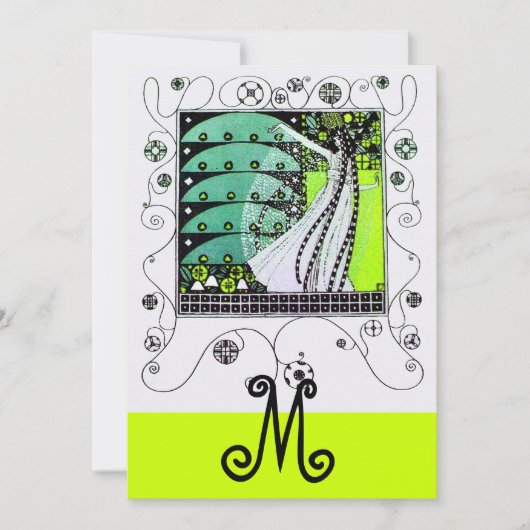 春の魔法、明るい黄色 緑 黒 招待状 (正面)