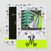 春の魔法、明るい黄色 緑 黒 招待状 (正面/裏面)