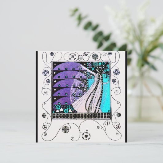 春の魔法、鮮やかな紫 黒 アクア ブルー 招待状 (スタンド正面)