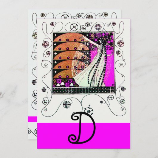 春の魔法、鮮やかな紫、黒、茶色 招待状 (正面/裏面)