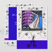 春の魔法、鮮やかな紫、黒、青 招待状 (正面/裏面)