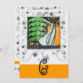 春の魔法、鮮やかな緑、黒、黄色 招待状 (正面/裏面)