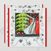 春の魔法、鮮やかな赤、黒、白、緑 招待状 (正面/裏面)