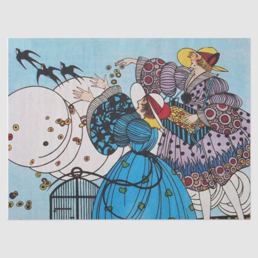 春の鳥と女性，アールデコ美しいファッション 薄葉紙 (正面)