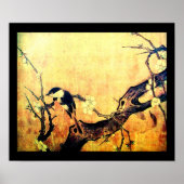 春の鳥と花の木 黄色 茶色 黒 ポスター (正面)