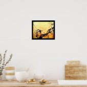 春の鳥と花の木 黄茶 黒 ポスター (キッチン)