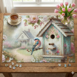 春の鳥の家とパステルカラーの花々と鳥 ジグソーパズル