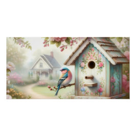 春の鳥の家とパステルカラーの花々と鳥 ポスター