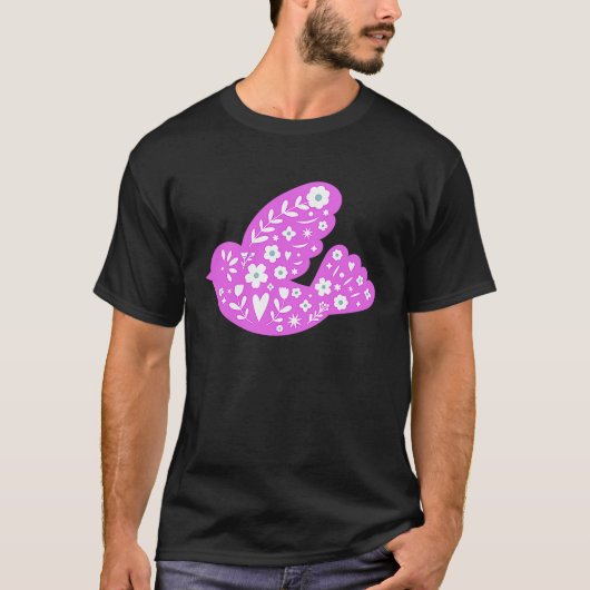 春の鳥の民芸鳩平和のシンボルヒップ Tシャツ (正面)