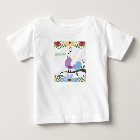 春の鳥花イラストレーション ベビーTシャツ (正面)