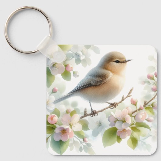 春の鳥 桜の花 水彩画 キーホルダー (正面)