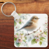 春の鳥 桜の花 水彩画 キーホルダー (正面)