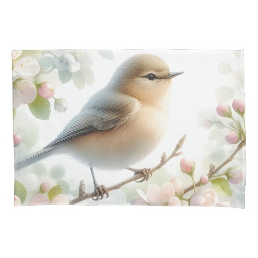 春の鳥 桜の花 水彩画 枕カバー (正面)