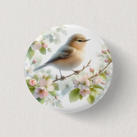 春の鳥 桜の花 水彩画 缶バッジ (正面)