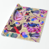 春の鳥、羽毛、果物 ピンク 青 音符 ラッピングペーパー (アンロールド)