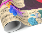 春の鳥、羽毛、果物 ピンク 青 音符 ラッピングペーパー (ロールコーナー)