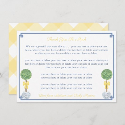 春の黄色いボクウッドのトピアリー赤ちゃんシャワー サンキューカード (正面/裏面)