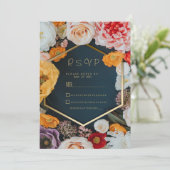 春の黄色 ピンク ネイビーブルー ゴールド フローラルRSVP 招待状 (スタンド正面)
