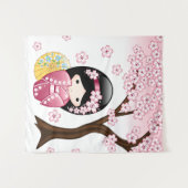 春のKokeshiの人形-かわいく日本のな芸者女の子 タペストリー (正面(横))