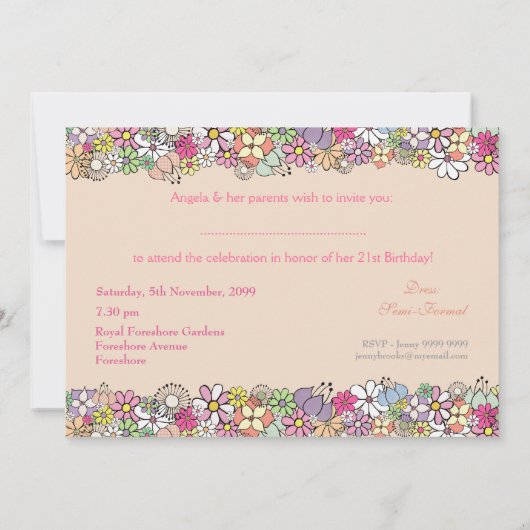 春は第21誕生日の写真の招待女性咲きます 招待状 (裏面)