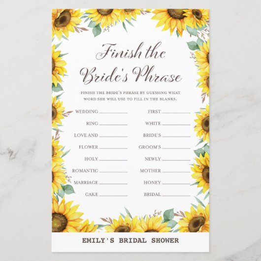 春ひまわりブライダルシャワーゲームプリント (正面)