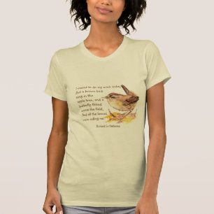 "春へ"水色茶色の鳥の自然詩 Tシャツ