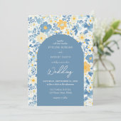 春ほこりっぽい青と黄色のコテージの花アーチ 招待状 (スタンド正面)