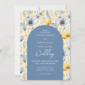 春ほこりっぽい青と黄色のコテージの花アーチ 招待状 (正面)