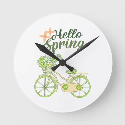 春を迎えるビンテージ自転車のイラスト ラウンド壁時計 (正面)