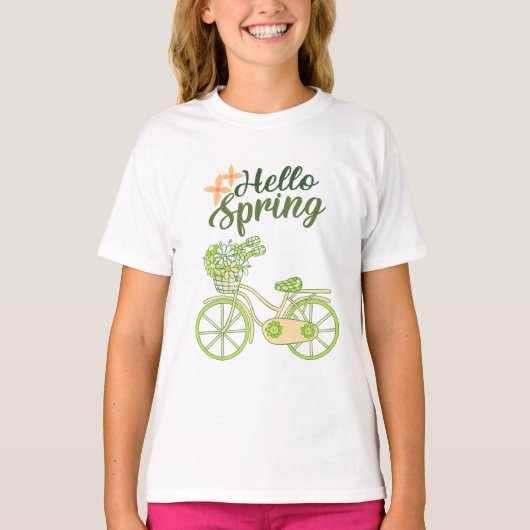 春を迎えるビンテージ自転車のイラスト Tシャツ (正面)